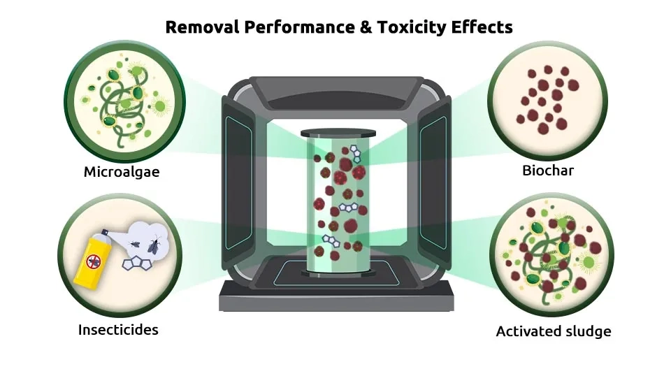 An illustration depicting the removal performance and toxicity effects of different wastewater treatment technologies. The image shows four circular panels representing Microalgae, Insecticides, Biochar, and Activated Sludge. Each panel displays the relative abundance of microorganisms and potential toxic effects. In the center, a cylindrical container symbolizes the wastewater treatment process, with arrows indicating the movement of materials between the different technologies.