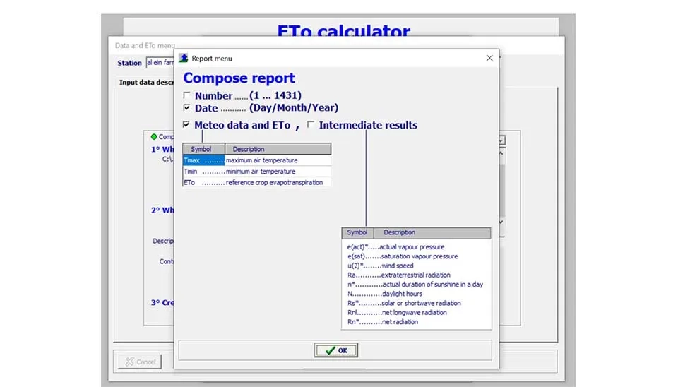 ETo Calculator Report menu window: Customizing and generating detailed reports.