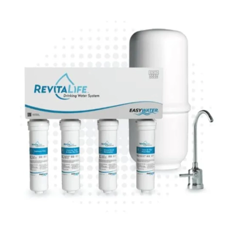 RevitaLife Drinking Water System with four labeled filters, storage tank, and chrome dispenser.