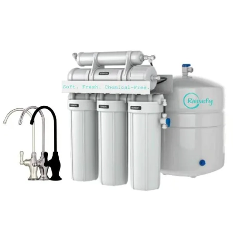 Rinsefy NRO5 Water Purifier system with storage tank, carbon filters, and multiple faucet options.