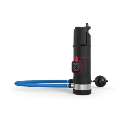 Grundfos SBA 3 A automatic submersible booster pump, black and stainless steel, with blue hose and float switch.
