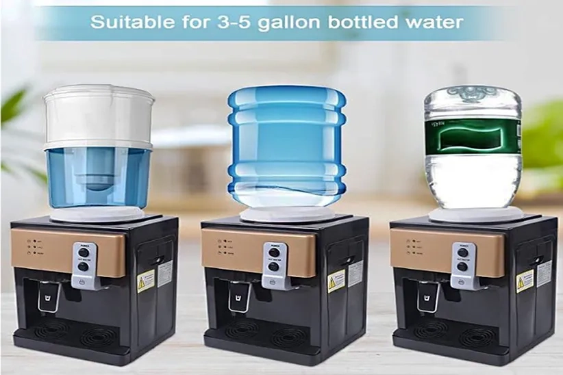 Three SHIOUCY Hot and Cold Countertop Water Dispenser with 3 to 5-gallon bottled water.