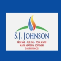 S.J. Johnson logo featuring a split blue water droplet and orange fire flame icon above a green horizon line, with the blue wordmark "S.J. JOHNSON" and listed red text services on a white background