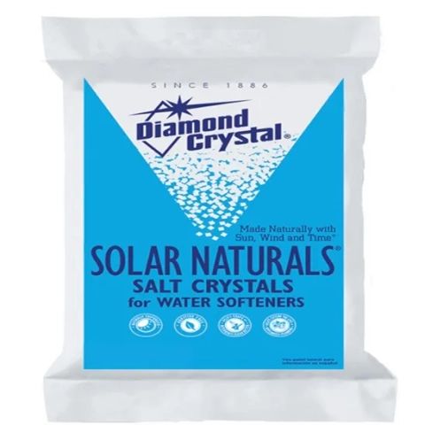 Bag of Diamond Crystal Solar Naturals salt crystals for water softeners with blue graphics.