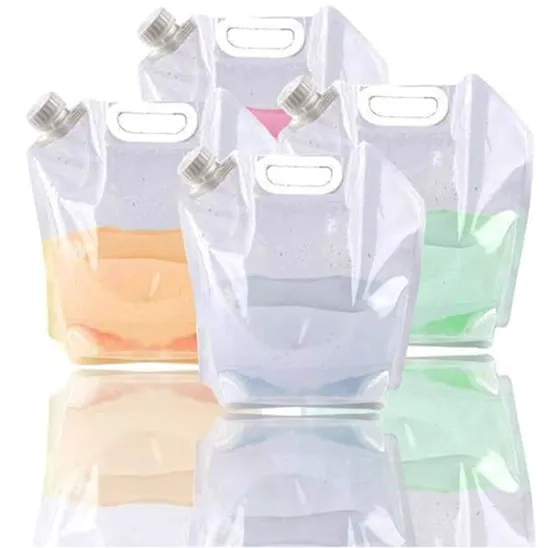 Four SUPANT Collapsible Emergency Water Jug Container Bags, each containing different liquids.