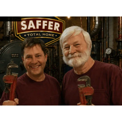 Professional water softener salt maintenance service being performed in a basement utility room by Saffer Total Home