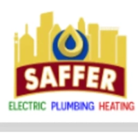 Saffer logo displaying a yellow city skyline and teardrop icon above a burgundy banner reading "SAFFER" and a colorful line of text reading "ELECTRIC PLUMBING HEATING".