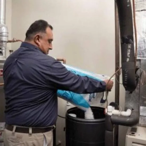 Professional water softener salt maintenance service being performed in a basement utility room by Saffer Total Home