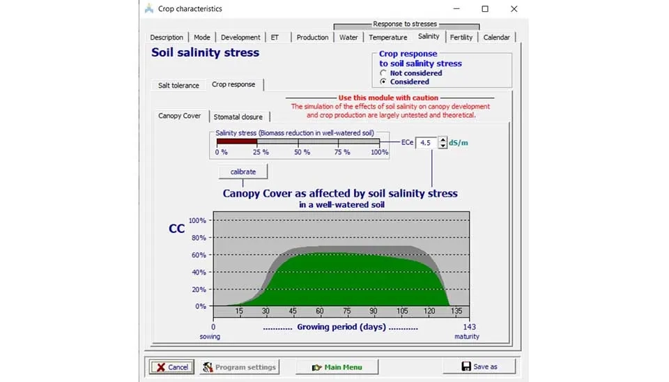 AquaCrop software interface displaying the "Salinity" tab within the full mode crop characteristics window. This tab allows advanced users to define parameters related to the crop's response to salinity stress, including the impact of salinity on crop growth and yield.