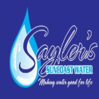 Sayler’s Suncoast Water logo featuring an elegant white script wordmark and a large translucent water droplet icon on a blue background