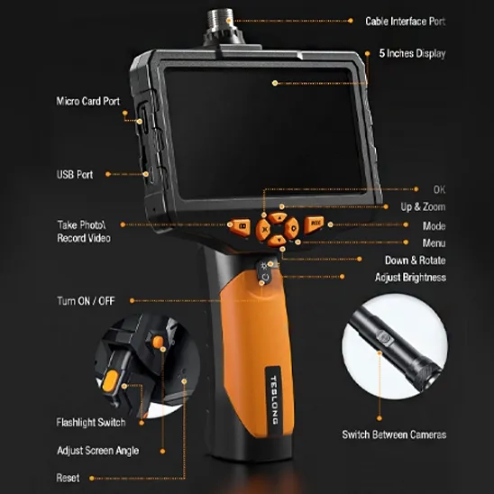 Screen Instructure of Teslong Dual Lens Endoscope Camera, showing its key applications and details of inputs and outputs.