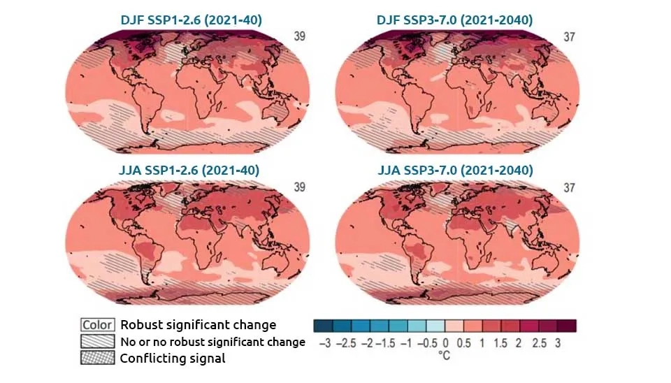 Seasonal mean surface temperature across all CMIP6 models under the SSP scenarios