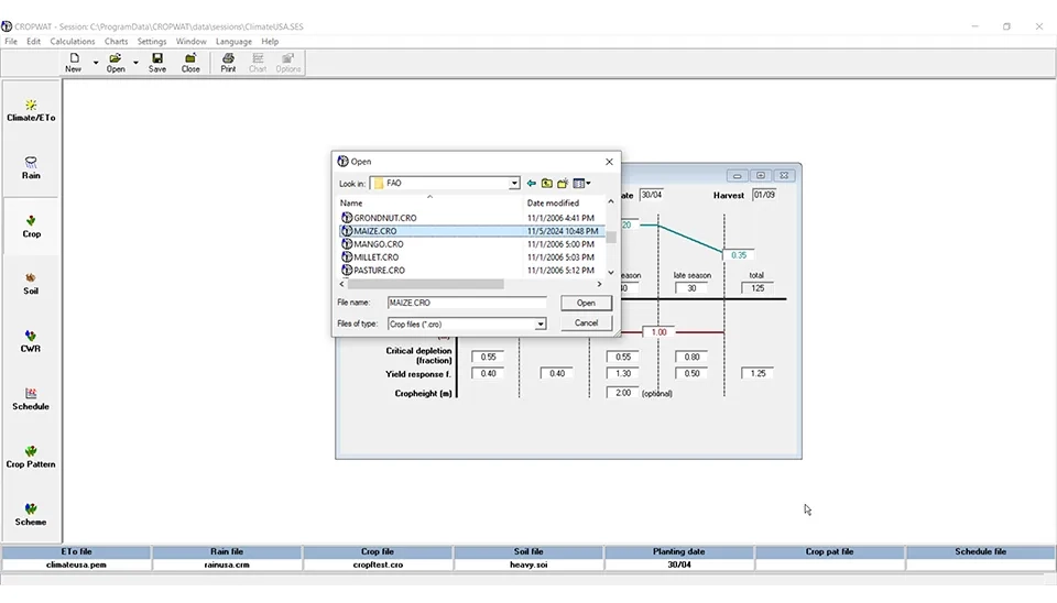 Screenshot of the Cropwat software interface showing the Crop window where users can select a crop from a list of FAO defaults, and the software automatically populates relevant crop coefficients such as Kc values, rooting depth, and critical depletion.