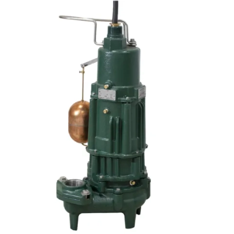 Zoeller green cast iron submersible sewage pump with a copper float and guide rail assembly.