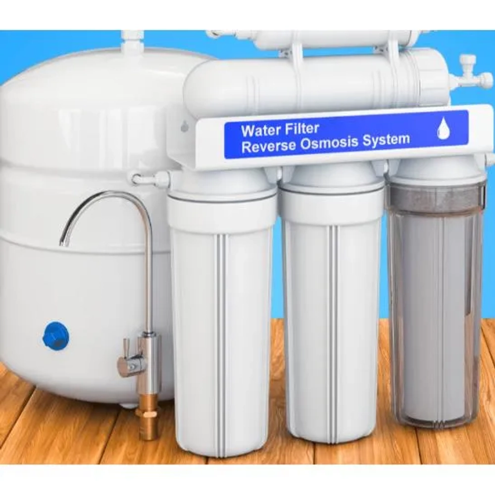Simple Water Maker 6, 5-stage reverse osmosis system with carbon filters and storage tank.