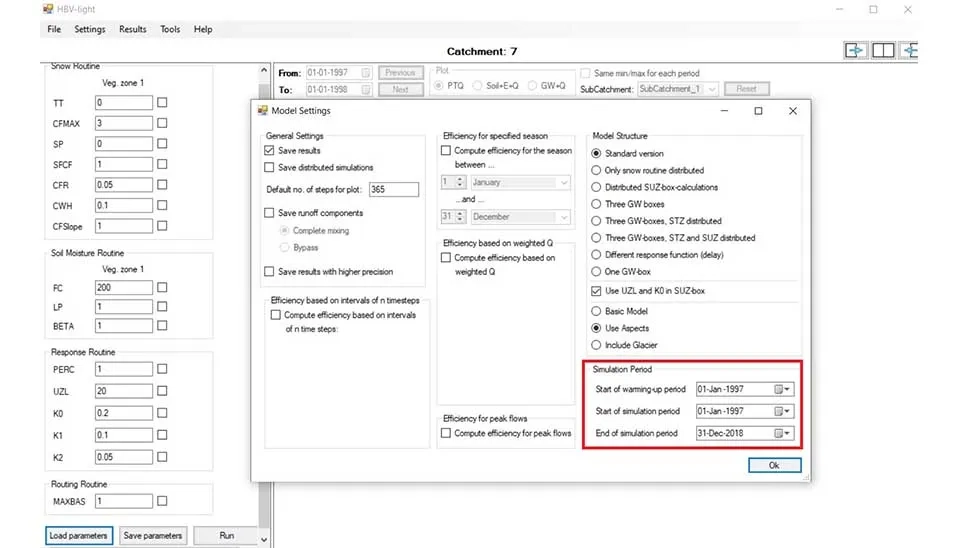 Screenshot of the "Simulation Period" section in HBV-light software, where users can define the start and end dates for the simulation and set a warm-up period.