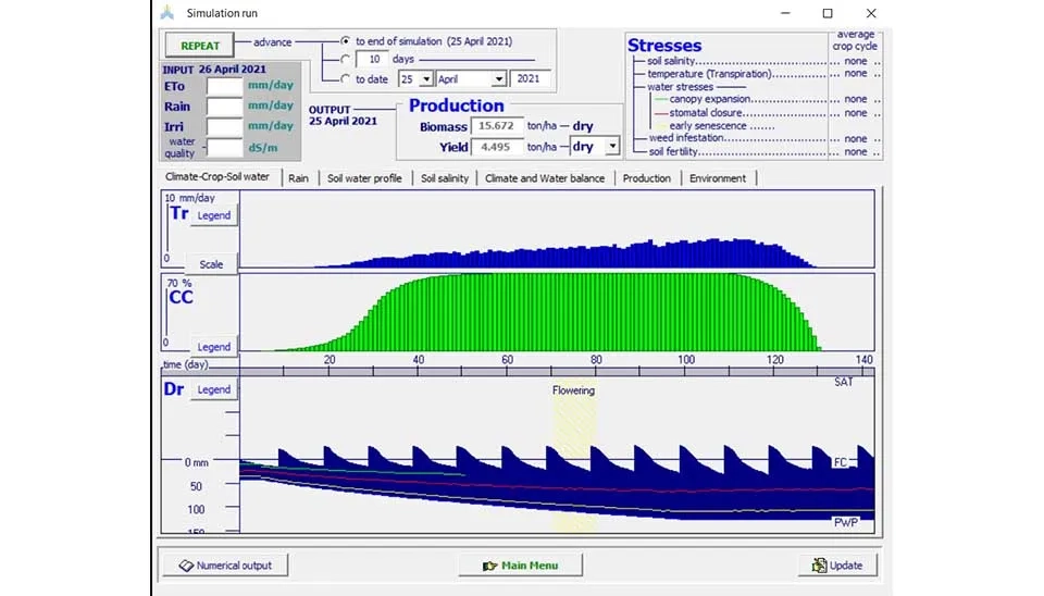 AquaCrop software interface displaying the "Simulation Run" window. This window allows users to initiate the simulation process, select the simulation time step, and view key output parameters such as simulated biomass and yield.