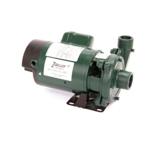  Zoeller green cast iron single-stage centrifugal pump with a black motor base and outlet.