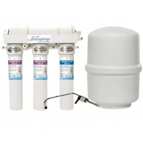 Softsprings under-sink Reverse Osmosis system with three pre-filters, RO membrane, and storage tank.