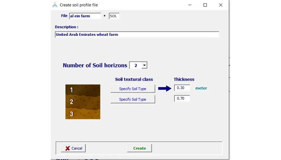 AquaCrop software interface showing the window for defining the soil profile, including the number of soil horizons and their depths