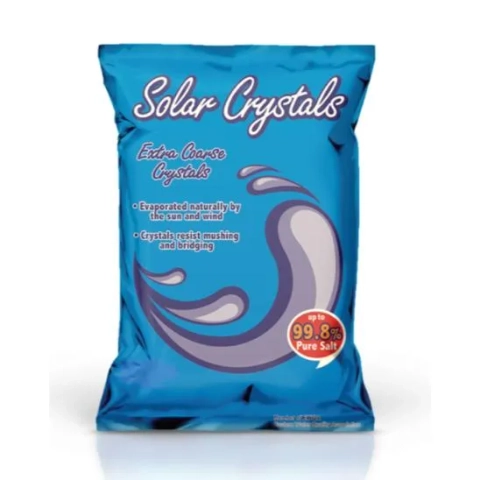 Product bag of Solar Crystals salt evaporated by the sun for water softeners.
