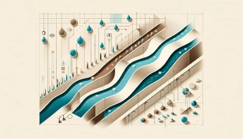 Diagram showing water loss (seepage, evaporation) and efficiency solutions in irrigation canals.