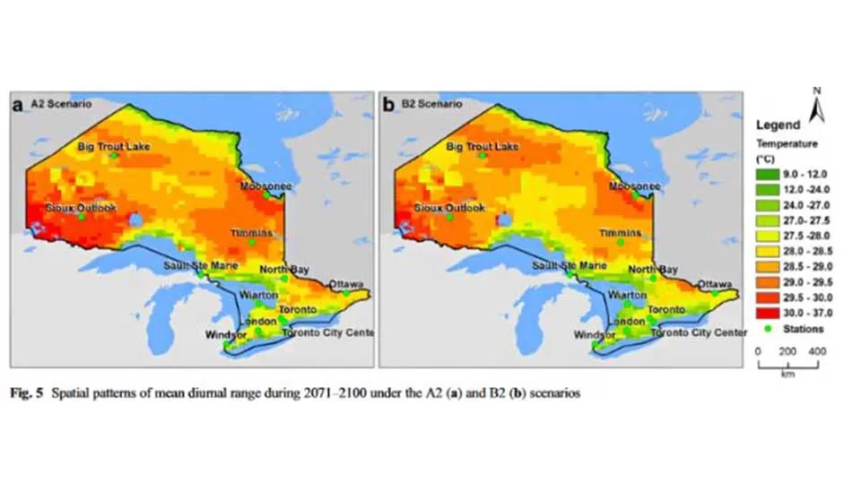 Spatial distribution of mean diurnal temperature during 2071–2100 under the A2 (a) and B2 (b) scenario in Ontario, Canada