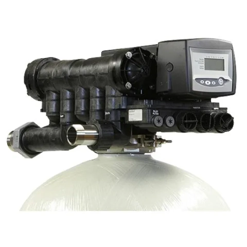 Commercial-grade SpringSoft A Series water softener head, showing the complex valve manifold.