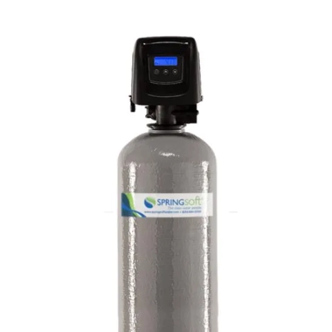 High-flow SpringSoft F Series water filter tank with a brand label and digital control valve.