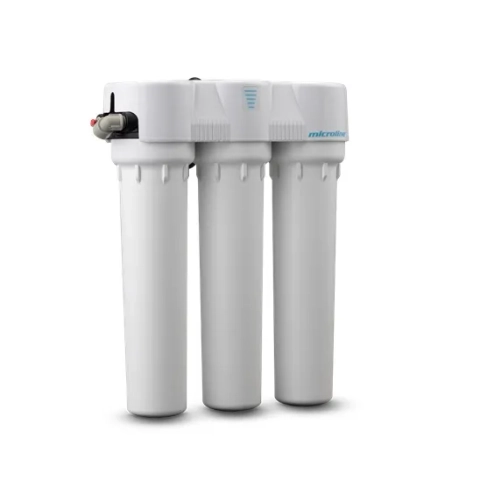 Microline Reverse Osmosis (RO) drinking water system, a 4-stage filter with patented manifold design for easy installation.