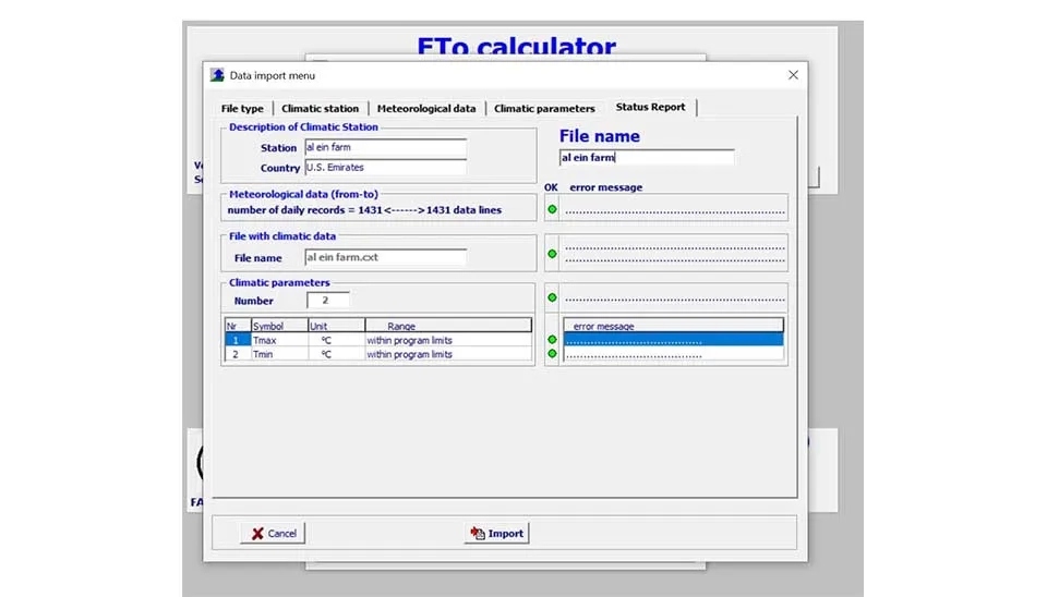 ETo Calculator import "Status report" tab: Green circles for success, red circles indicate data issues.