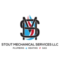 Stout Mechanical Services LLC logo featuring a black interlocking monogram over a red and blue flame-wave icon above the text "STOUT MECHANICAL SERVICES LLC PLUMBING HEATING GAS" on a white background