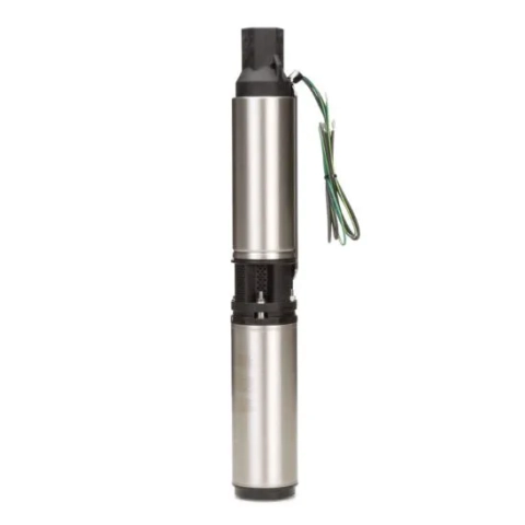 Zoeller submersible well pump with cylindrical body and motor for residential or agricultural use. 