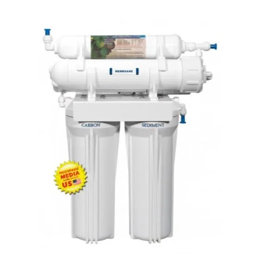 White undersink Reverse Osmosis water filter with two sediment and carbon filter cartridges.