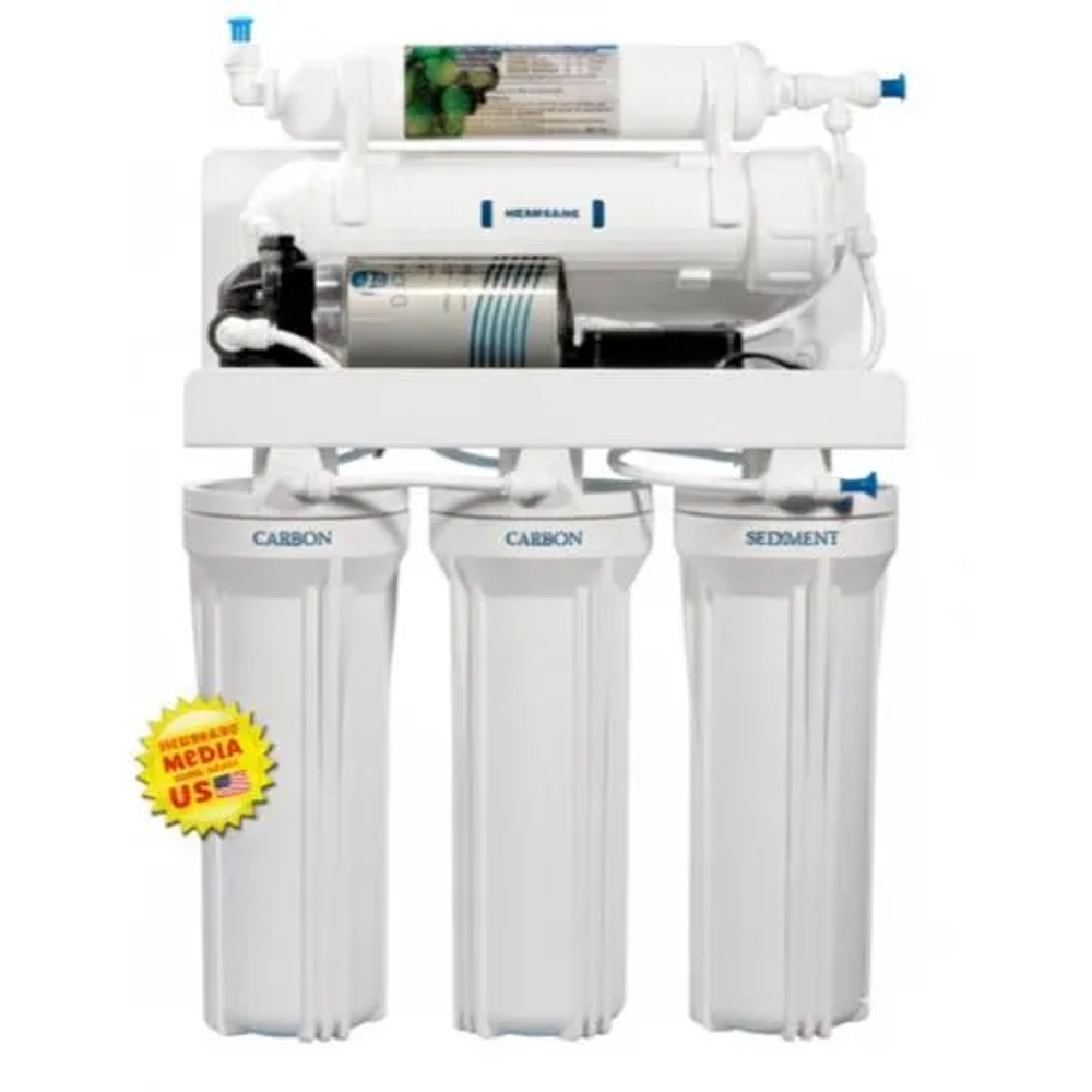 White Sunrise Springs RO water filter system showing a pump and sediment/carbon filters.