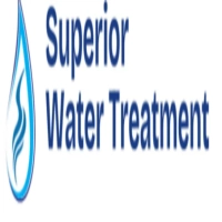 Superior Water Treatment logo displaying a slender blue gradient water droplet icon with inner wave accents alongside stacked royal blue corporate typography