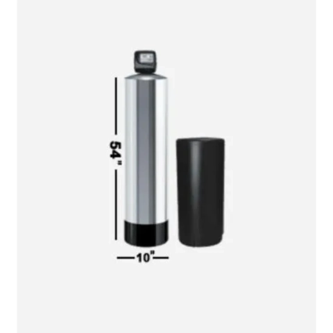 Supreme Water Filtration stainless steel softener tank measuring 10x54 inches with a black brine tank.