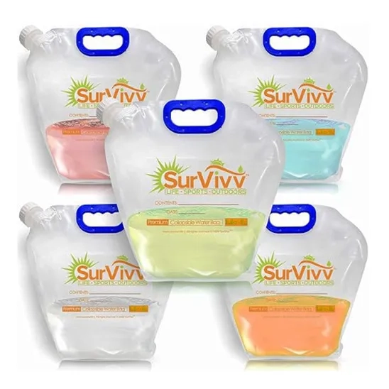 Five SurVivv Premium Collapsible Water Container Bags with different fluids in them.