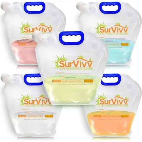 SurVivv Premium Collapsible Water Container Bag (5 Packs-1.3 Gallon)