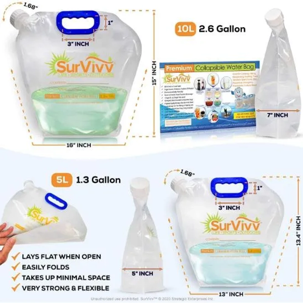 SurVivv Premium Collapsible Water Container Bag (5 Packs-1.3 Gallon)