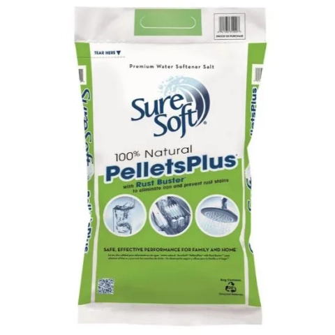 SureSoft PelletsPlus Water Softener Salt with Rust Buster to eliminate iron and prevent stains.