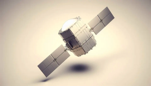 Close-up of a metallic satellite model floating with four solar panels, highlighting its main instrument section.