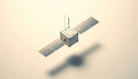 Stylized illustration of a small, boxy satellite with solar panels casting a shadow on a light background.