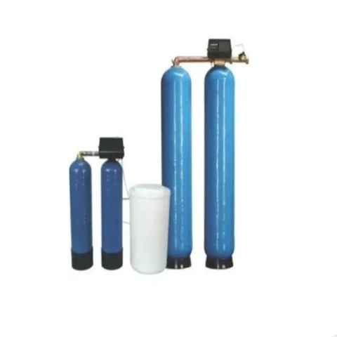 TT Series light commercial top mount valve water softeners with dual blue tanks and white brine tank.