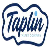 Taplin Water Company logo featuring a bold navy blue script wordmark and a sky-blue water droplet inside an organic wavy shape