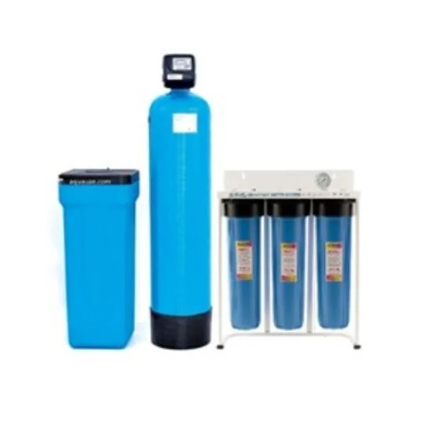 Tareeq LLC whole house water softener system featuring dual blue fiberglass resin tanks.