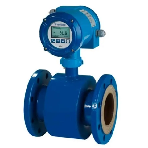 Tecfluid FLOMID electromagnetic flow meter with 4-20mA output, flow rate, and totalizer display.