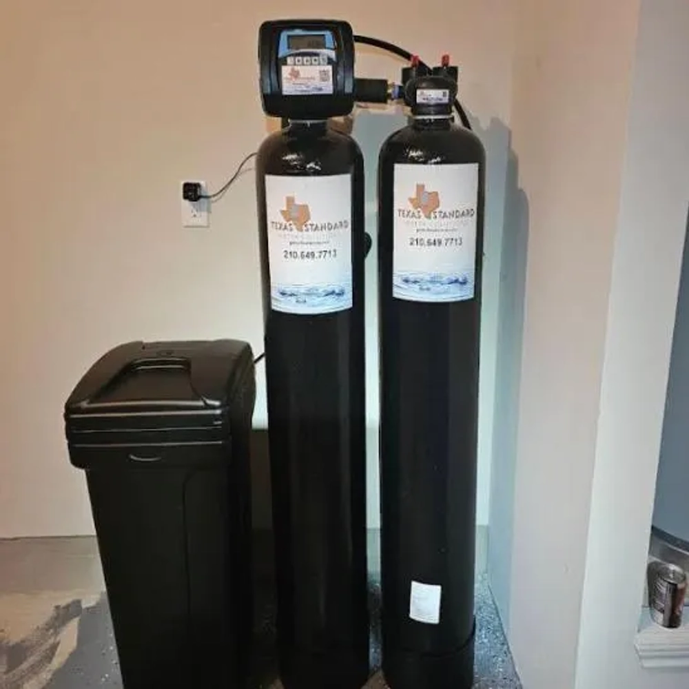 Texas Standard Water Solutions dual tank water softener and carbon filtration system in San Antonio