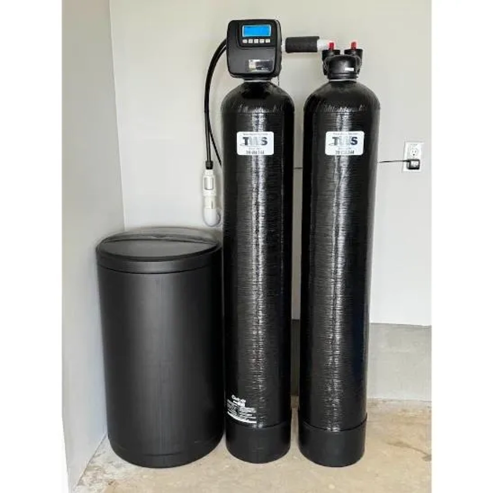 San Antonio Texas Water Systems twin tank water softener with digital control valve and brine tank.