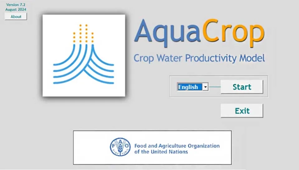 Screenshot of the AquaCrop software interface, showing the main menu and data input options